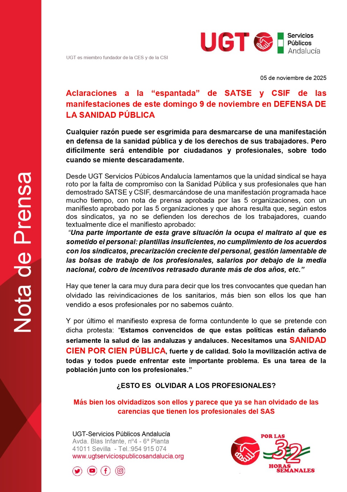  2025 11 7 NP ACLARACIONES SALIDA CSIF Y SATSE MANIF. 9 11 2025
